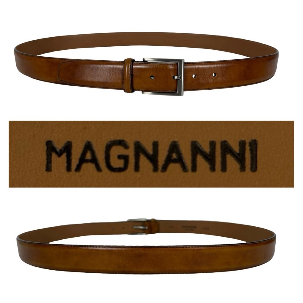 Magnanni 1559 Mens Belt Brown Leather Silver Buckle Size 46 Casual Formal